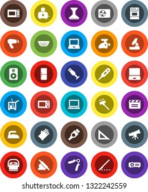 White Solid Icon Set- cleaner trolley vector, vacuum, car fetlock, iron, rubber glove, colander, rolling pin, toaster, microwave oven, blender, corner ruler, telescope, microscope, notebook pc, hdmi