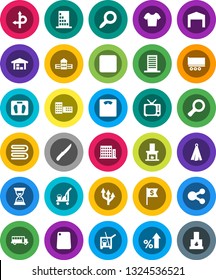 White Solid Icon Set- cleaner trolley vector, towel, knife, cutting board, school building, bus, magnifier, percent growth, sand clock, dollar flag, scales, t shirt, route, truck trailer, tv, share