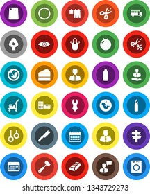 White Solid Icon Set- cleaner trolley vector, drying clothes, apron, knife, meat hammer, cutting board, cake, school building, bus, gold ingot, manager, calendar, punching bag, fitball, swimsuite