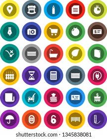 White Solid Icon Set- cleaner trolley vector, washing powder, cookbook, pen, calculator, document, leaf, cart, check, bank building, stopwatch, punching bag, fitball, stadium, sea container, no, pin