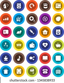White Solid Icon Set- cleaner trolley vector, steaming, washer, blender, pasta, book, music, leaf, exchange, piggy bank, safe, sports nutrition, fitness mat, heart cross, oxygen, phone, sorting