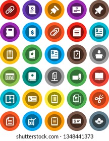 White Solid Icon Set- cleaner trolley vector, book, copybook, schedule, paper pin, certificate, document, annual report, receipt, clipboard, fitness mat, network, attachment, plan, estate, catalog