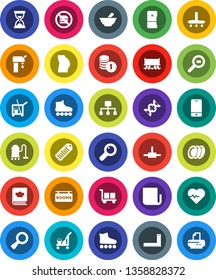 White Solid Icon Set- cleaner trolley vector, vacuum, cookbook, plates, corner ruler, coin stack, sand clock, heart pulse, buttocks, roller Skates, no fastfood, Railway carriage, cargo, search, dna