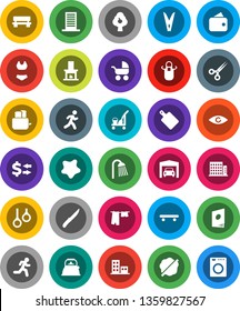 White Solid Icon Set- cleaner trolley vector, clothespin, splotch, drying clothes, shower, kettle, apron, knife, cutting board, toaster, exchange, swimsuite, skateboard, gymnast rings, run, eye
