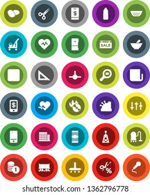 White Solid Icon Set- cleaner trolley vector, vacuum, colander, pasta, potato, corner ruler, coin stack, heart pulse, water bottle, Railway carriage, cargo search, music hit, antenna, newspaper