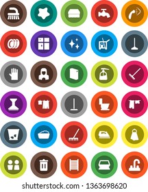White Solid Icon Set- cleaner trolley vector, fetlock, mop, rake, sponge, towel, trash bin, water tap, car, shining, splotch, iron, steaming, toilet, drying clothes, foam basin, washing powder