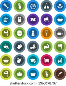 White Solid Icon Set- cleaner trolley vector, foam basin, rubber glove, house hold, hand mill, mixer, blender, chicken leg, dollar coin, investment, muscule, boxing, cargo, touchscreen, crutches