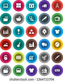 White Solid Icon Set- cleaner trolley vector, broom, sponge, welcome mat, knife, cereal, drawing compass, notebook pc, archive, scales, punching bag, t shirt, document, radio, tv, equalizer, mortar