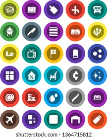 White Solid Icon Set- cleaner trolley vector, shining, plates, window, towel, knife, cutting board, bbq, school bus, percent growth, dollar flag, cent sign, hoop, route, plane, ship, tv, battery