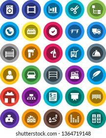 White Solid Icon Set- cleaner trolley vector, sponge, washer, dish, pen, scissors, graph, presentation board, hierarchy, horizontal bar, receipt, protected, barcode, route, shelving, film frame
