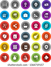 White Solid Icon Set- cleaner trolley vector, bath, liquid soap, towel, cereal, corner ruler, case, table lamp, cash, jump rope, sports nutrition, molecule, stadium, wood box, cargo, protected, link