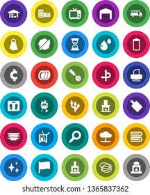White Solid Icon Set- cleaner trolley vector, towel, shining, splotch, plates, skimmer, cutting board, bbq, school building, bus, flag, magnifier, sand clock, cent sign, scales, hoop, route, tv