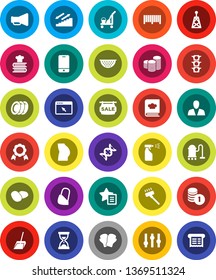 White Solid Icon Set- cleaner trolley vector, vacuum, scoop, sprayer, colander, cookbook, plates, potato, medal, coin stack, sand clock, buttocks, boxing glove, stairways run, traffic light, antenna