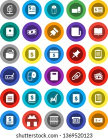 White Solid Icon Set- cleaner trolley vector, toilet paper, book, copybook, clipboard, pin, document, exam, cash, check, annual report, receipt, dollar calendar, fitness mat, money, newspaper, gift