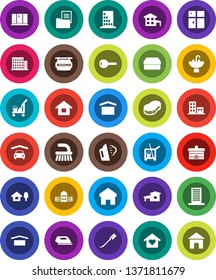 White Solid Icon Set- cleaner trolley vector, fetlock, sponge, car, steaming, shining window, sink, university, school building, dry cargo, home, house, cottage, chalet, garage, estate document, key