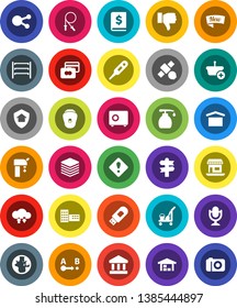 White Solid Icon Set- cleaner trolley vector, liquid soap, school building, world, bank, credit card, annual report, safe, jump rope, signpost, office, satellite, dry cargo, route, shelving, barn