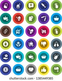 White Solid Icon Set- cleaner trolley vector, foam basin, house hold, hand mill, blender, chicken leg, dollar coin, trainer, boxing glove, traking, cargo, touchscreen, finger up, down, crutches