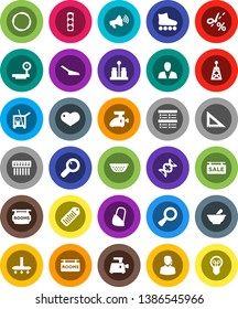 White Solid Icon Set- cleaner trolley vector, vacuum, scoop, colander, spices, corner ruler, exam, roller Skates, hoop, traffic light, big scales, barcode, antenna, loudspeaker, heart, dna, mortar