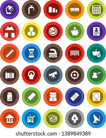 White Solid Icon Set- cleaner trolley vector, fetlock, turk coffee, double boiler, pencil, ruler, telescope, table lamp, personal information, university, piggy bank, manager, calculator, sand clock