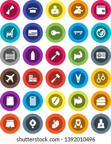 White Solid Icon Set- cleaner trolley vector, clothespin, woman, meat hammer, cutting board, grater, toaster, cake, wallet, muscule hand, shorts, skateboard, water bottle, gymnast rings, plane, key