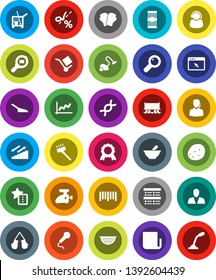 White Solid Icon Set- cleaner trolley vector, vacuum, scoop, colander, pasta, potato, medal, exam, graph, boxing glove, stairways run, Railway carriage, cargo, search, barcode, newspaper, dna