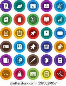 White Solid Icon Set- cleaner trolley vector, toilet paper, book, copybook, pen, schedule, clipboard, pin, certificate, constellation, annual report, binder, dollar calendar, fitness mat, newspaper