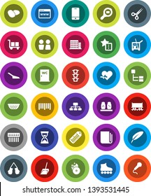 White Solid Icon Set- cleaner trolley vector, scoop, water closet, colander, spices, potato, pen, sand clock, hierarchy, boxing glove, roller Skates, Railway carriage, traffic light, cargo, search