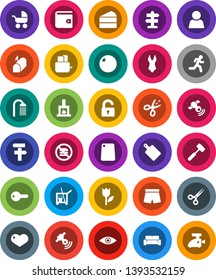 White Solid Icon Set- cleaner trolley vector, shower, meat hammer, cutting board, toaster, cake, wallet, fitball, shorts, swimsuite, no fastfood, run, signpost, tulip, satellitie, heart, eye, user