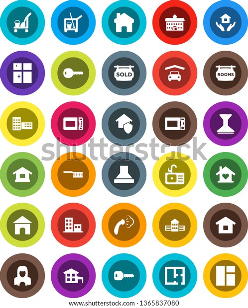 White Solid Icon Set- cleaner trolley vector,\
fetlock, car, steaming, shining window, house hold, sink, woman,\
microwave oven, university, school building, home, key, cottage,\
garage, plan, sold