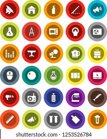 White Solid Icon Set- cleaning agent vector, rolling pin, cutting board, microwave oven, ruler, drawing compass, table lamp, flask, fitball, microphone, radio, loudspeaker, equalizer, remote control