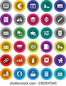 White Solid Icon Set- cleaning agent vector, knife, grater, cookbook, personal information, dollar calendar, cursor, euro sign, bike, heart monitor, hoop, earth, port, sorting, newspaper, tv, basket