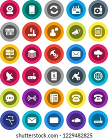 White Solid Icon Set- clipboard vector, satellite, phone, antenna, radio, satellitie, internet, mobile, speaking man, mail, network, server, big data, hub, router, lan connector, message, refresh