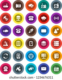 White Solid Icon Set- clipboard vector, satellite, phone, radio, satellitie, loudspeaker, internet, speaking man, classic, mail, hdmi, network server, cloud lock, exchange, big data, router, refresh