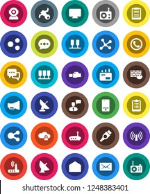 White Solid Icon Set- clipboard vector, satellite, antenna, radio, loudspeaker, mobile phone, dialog, speaking man, mail, hdmi, network, server, cloud lock, firewall, router, lan connector, share