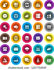 White Solid Icon Set- clipboard vector, phone, radio, antenna, satellitie, loudspeaker, internet, dialog, speaking man, classic, server, network, cloud lock, big data, firewall, hub, router, message
