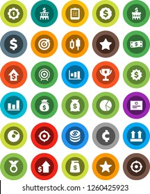 White Solid Icon Set- clipboard vector, award cup, certificate, graph, pie, japanese candle, money bag, dollar growth, bank building, target, medal, cent sign, top, favorites, coin, cash