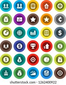 White Solid Icon Set- clipboard vector, award cup, certificate, graph, pie, japanese candle, money bag, dollar growth, bank building, target, medal, cent sign, stairways run, top, favorites, coin