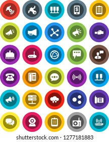 White Solid Icon Set- clipboard vector, satellite, phone, radio, satellitie, loudspeaker, internet, dialog, speaking man, network, server, cloud exchange, router, lan connector, share, message