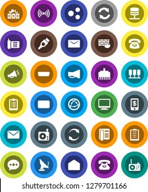 White Solid Icon Set- clipboard vector, phone, radio, loudspeaker, internet, mail, hdmi, server, network, firewall, lan connector, share, message, refresh, wireless, tap pay, monitor
