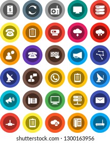 White Solid Icon Set- clipboard vector, radio, loudspeaker, speaking man, classic phone, connect, network, server, cloud lock, exchange, big data, firewall, refresh, download, mail, tap pay, monitor