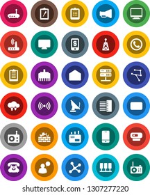 White Solid Icon Set- clipboard vector, phone, radio, antenna, loudspeaker, mobile, speaking man, mail, network, server, cloud exchange, firewall, hub, router, lan connector, wireless, tap pay