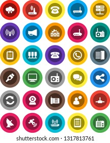 White Solid Icon Set- clipboard vector, satellite antenna, radio, satellitie, loudspeaker, dialog, speaking man, classic phone, hdmi, connect, server, network, cloud exchange, firewall, hub, router