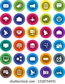 White Solid Icon Set- clipboard vector, phone, satellite antenna, radio, loudspeaker, internet, mail, hdmi, connect, network, server, big data, firewall, lan connector, share, message, monitor