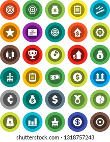 White Solid Icon Set- clipboard vector, award cup, certificate, graph, pie, japanese candle, money bag, dollar growth, bank building, target, medal, cent sign, stairways run, top, favorites, coin