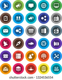 White Solid Icon Set- clipboard vector, phone, satellite antenna, radio, loudspeaker, internet, speaking man, classic, hdmi, connect, network, server, big data, firewall, hub, lan connector, share