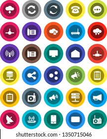 White Solid Icon Set- clipboard vector, phone, satellite antenna, radio, loudspeaker, mobile, mail, connect, network server, cloud lock, exchange, share, message, refresh, download, wireless, router