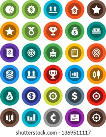 White Solid Icon Set- clipboard vector, award cup, certificate, graph, pie, japanese candle, money bag, dollar growth, bank building, target, medal, cent sign, top, favorites, coin, cash
