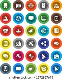 White Solid Icon Set- clipboard vector, satellite, radio, antenna, satellitie, internet, mobile phone, dialog, mail, connect, cloud lock, firewall, router, share, loudspeaker, tap pay, monitor