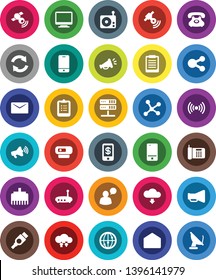 White Solid Icon Set- clipboard vector, phone, radio, satellitie, loudspeaker, internet, mobile, speaking man, mail, hdmi, network, server, cloud exchange, router, lan connector, share, refresh