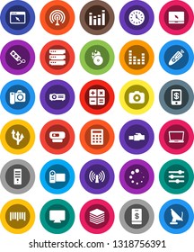 White Solid Icon Set- clock vector, barcode, music hit, camera, antenna, equalizer, remote control, notebook pc, big data, browser, lan connector, loading, route arrow, wireless, calculator, tap pay